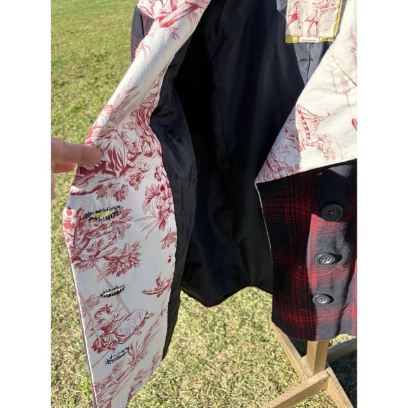 Vintage Wool Blend Plaid Pea Coat Sz Medium Double Breasted Red Black Upcycled - Picture 11 of 14